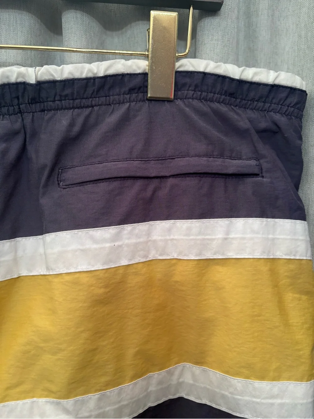 Vintage Rainforest Color Block Swim Trunks Mens Medium Navy Yellow Nylon Mesh Li